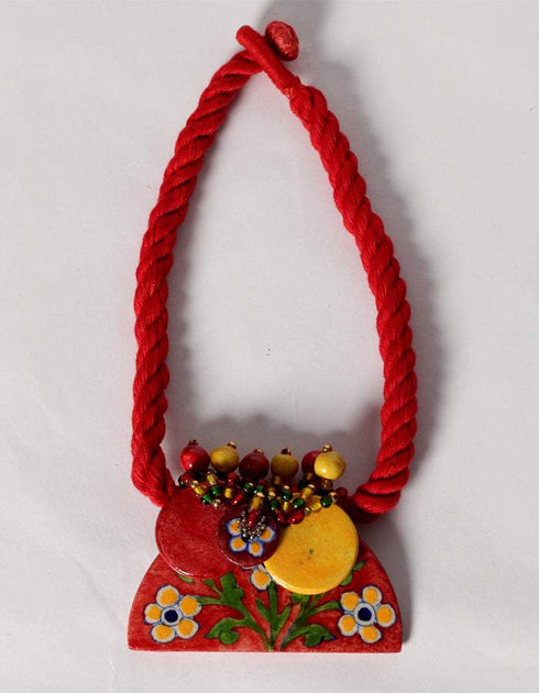 Blue Pottery Guccha Necklace With One Bead Earring (Red)